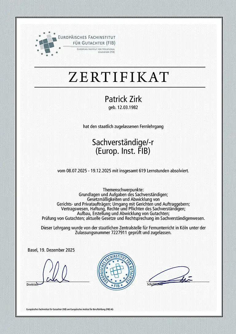 Zirk Patrick Zertifikat SV Zirk Patrick Zertifikat SV