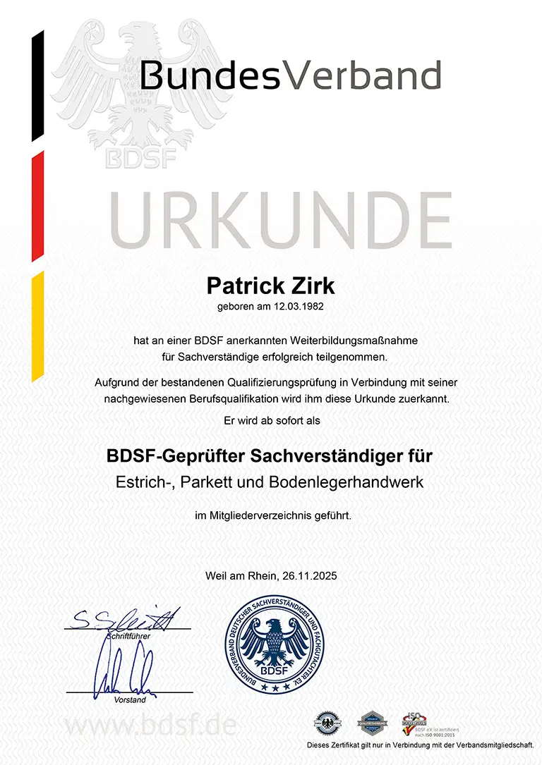 BDSF Sachverständiger für Estrich-, Parkett und Bodenlegerhandwerk BDSF Sachverständiger für Estrich-, Parkett und Bodenlegerhandwerk